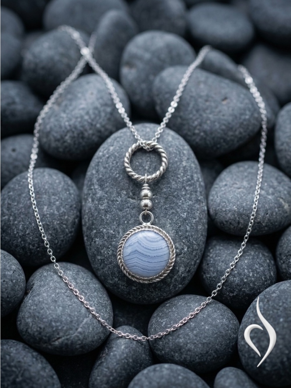 Sterling Silver Blue Lace Agate Pendant Necklace